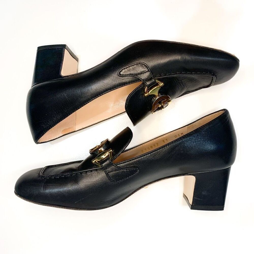 Gucci Zumi Interlocking GG Loafer Pumps EU 37 US 7 Black Leather Logo Mid Heels - Picture 5 of 10